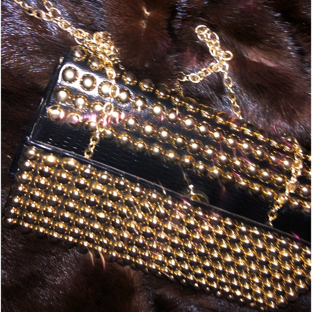 Vintage Clutch “ Punk Studs Bag Evening Gold Studs Clutch with Chain Strap.